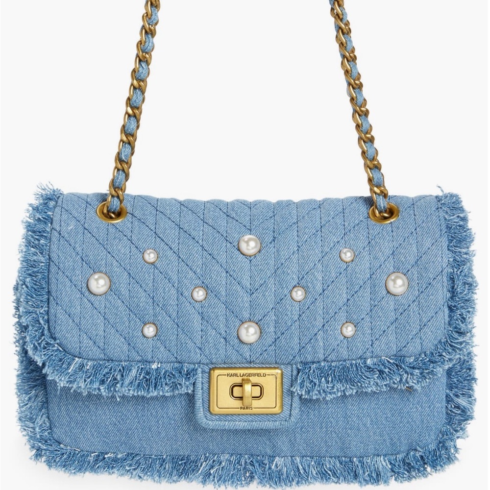 Blue Denim Shoulder Bag with Pearl Accents
